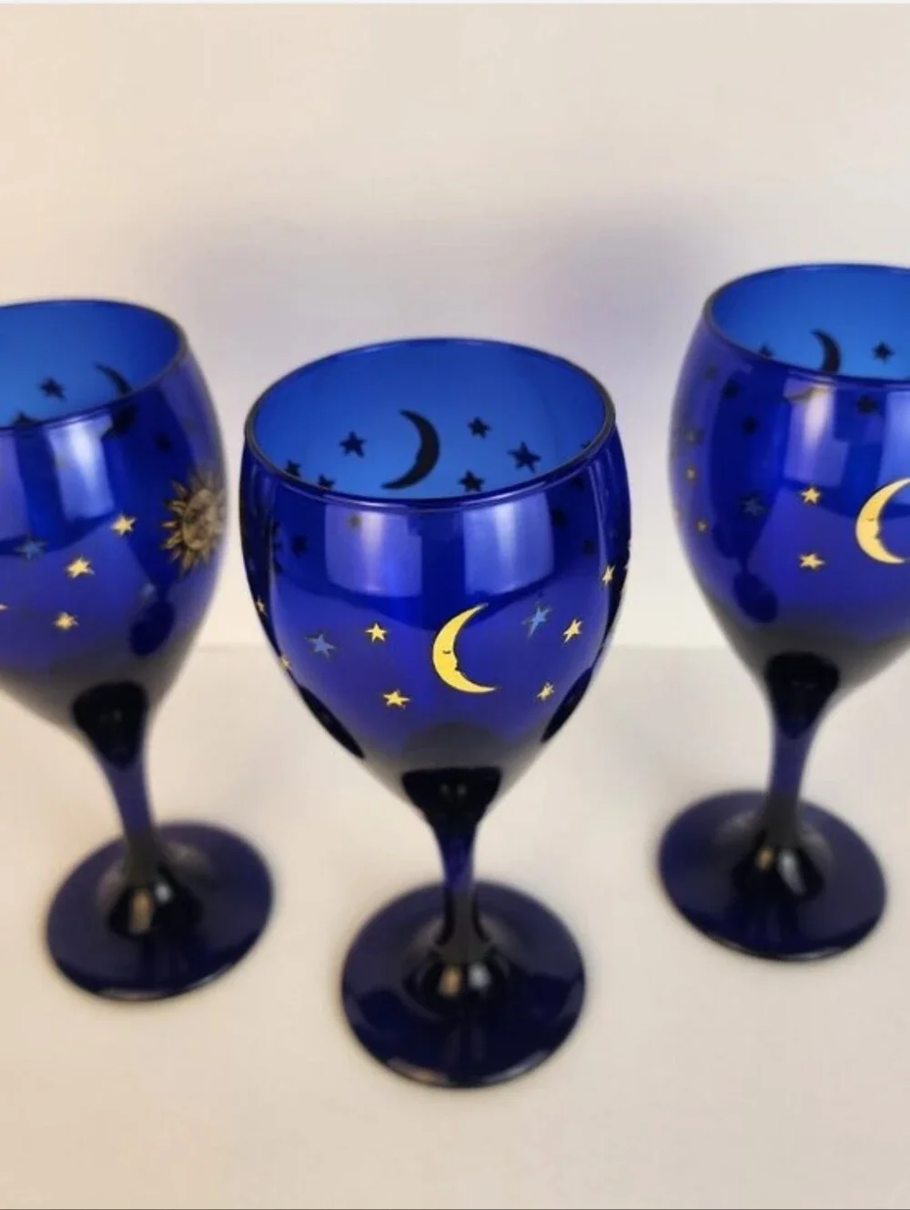 Libbey Cobalt Blue Wine Glasses with Gold Sun and Star Motif